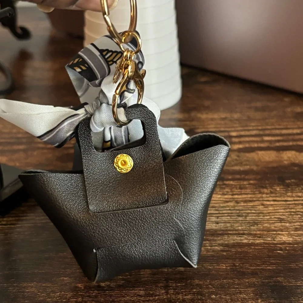 Black Mini Tote Bag Keychain Charm with Scarf Detail and Gold Hardware